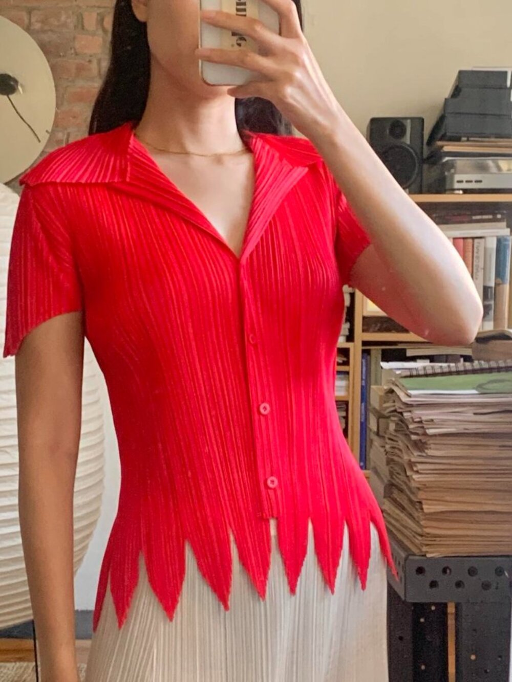 Issey Miyake Pleats Please Sawtooth Button Up Top Red JP3
